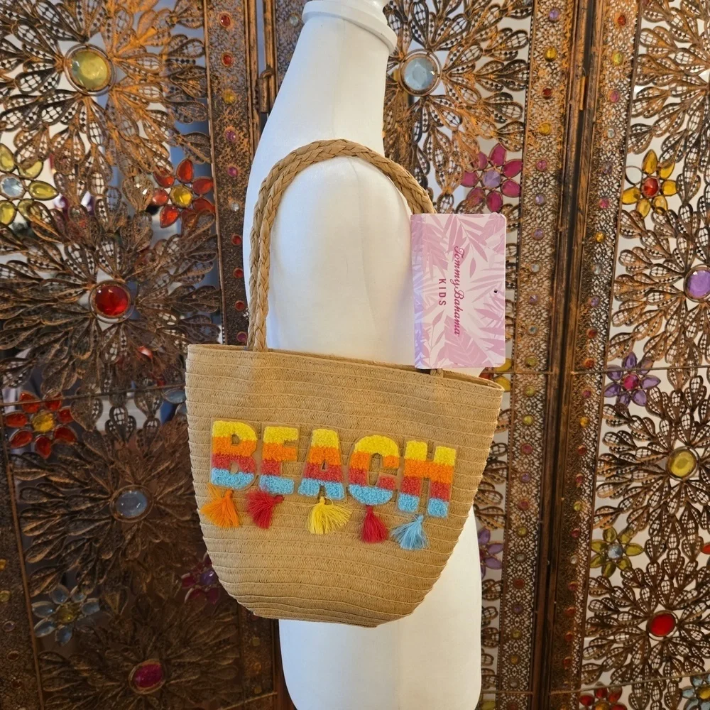 NWT Tommy Bahama Kids Beach Woven Tote with Colorful Tassels